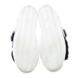 Moncler White/Black Leather and Fur Low Top Sneakers Size 38