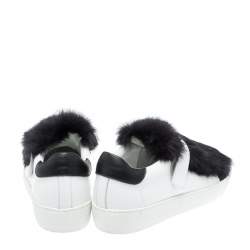Moncler White/Black Leather and Fur Low Top Sneakers Size 38