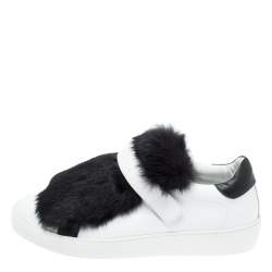 Moncler White/Black Leather and Fur Low Top Sneakers Size 38