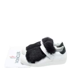 Moncler White/Black Leather and Fur Low Top Sneakers Size 38