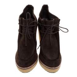 Moncler Brown Suede Celie Lace Up Wedge Ankle Boots Size 37