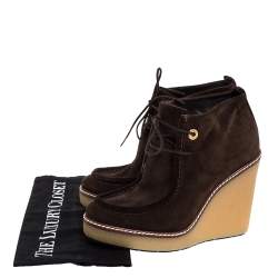 Moncler Brown Suede Celie Lace Up Wedge Ankle Boots Size 37