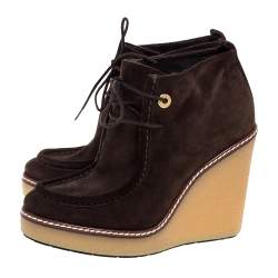 Moncler Brown Suede Celie Lace Up Wedge Ankle Boots Size 37
