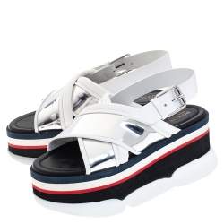 Moncler White/Silver Patent and  Leather Zelda Platform Sandals Size 37