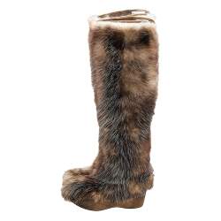 Pre Owned Moncler Brown/Beige Fur Wedge Knee Length Boots Size 38