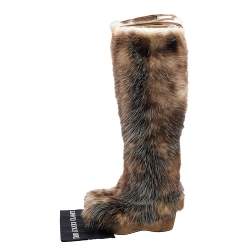 Pre Owned Moncler Brown/Beige Fur Wedge Knee Length Boots Size 38