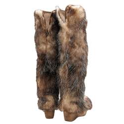 Pre Owned Moncler Brown/Beige Fur Wedge Knee Length Boots Size 38