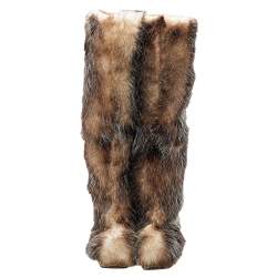 Pre Owned Moncler Brown/Beige Fur Wedge Knee Length Boots Size 38