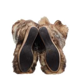 Pre Owned Moncler Brown/Beige Fur Wedge Knee Length Boots Size 38