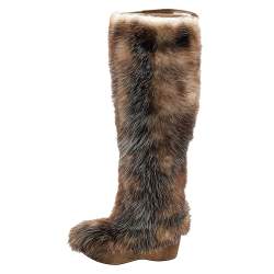 Pre Owned Moncler Brown/Beige Fur Wedge Knee Length Boots Size 38
