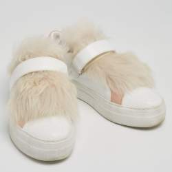 Pre Owned Moncler White Leather and Fur Victorie Slip-On Sneakers Size 39