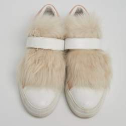 Pre Owned Moncler White Leather and Fur Victorie Slip-On Sneakers Size 39