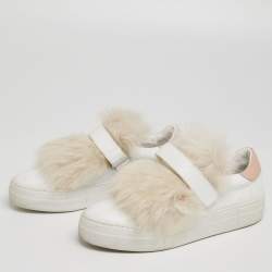Pre Owned Moncler White Leather and Fur Victorie Slip-On Sneakers Size 39