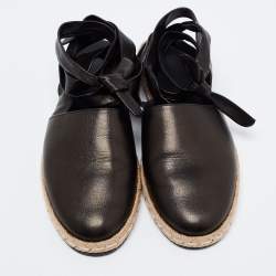 Pre Owned Moncler Black Leather Ankle-Tie Espadrille Flats Size 38