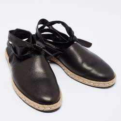 Pre Owned Moncler Black Leather Ankle-Tie Espadrille Flats Size 38