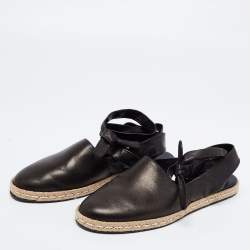 Pre Owned Moncler Black Leather Ankle-Tie Espadrille Flats Size 38