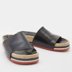 Moncler Black Leather Evelyne Espadrille Slide Sandals Size 39