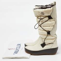 Pre Owned Moncler Off White Satin and Leather Snow Boots Size 39