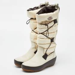 Pre Owned Moncler Off White Satin and Leather Snow Boots Size 39