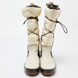Pre Owned Moncler Off White Satin and Leather Snow Boots Size 39