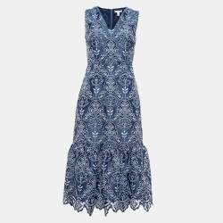 ML Monique Lhuillier Blue Floral Lave Flounce Midi Dress XS