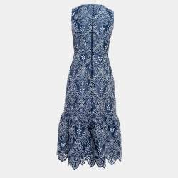 ML Monique Lhuillier Blue Floral Lave Flounce Midi Dress XS