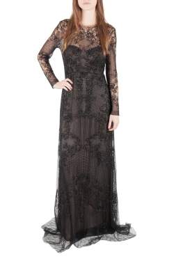 Monique Lhuillier Noir Black Embellished Long Sleeve Evening Gown S