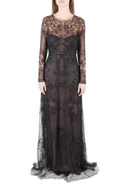 Monique Lhuillier Noir Black Embellished Long Sleeve Evening Gown S