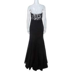 Monique Lhuillier Monochrome Floral Lace Bodice Detail Flared Strapless Gown L