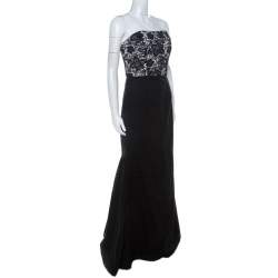 Monique Lhuillier Monochrome Floral Lace Bodice Detail Flared Strapless Gown L