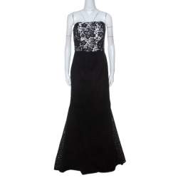 Monique Lhuillier Monochrome Floral Lace Bodice Detail Flared Strapless Gown L
