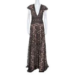 Pre Owned Monique Lhuillier Black And Beige Lace V Neck Maxi Dress L
