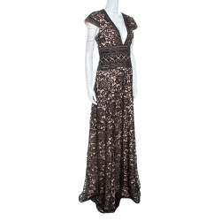 Pre Owned Monique Lhuillier Black And Beige Lace V Neck Maxi Dress L