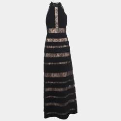 ML by Monique Lhuillier Black Lace And Crepe High Neck Gown M