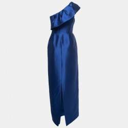 Monique Lhuillier Blue Silk One Shoulder Silk Gown S