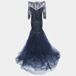 Monique Lhuillier Collection Navy Blue Floral Lace Layered Tulle Gown L