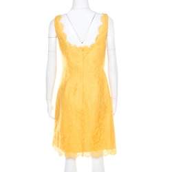 ML By Monique Lhuillier Yellow Floral Lace Scalloped Trim Detail V-Neck Dress M