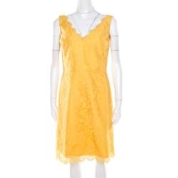 ML By Monique Lhuillier Yellow Floral Lace Scalloped Trim Detail V-Neck Dress M