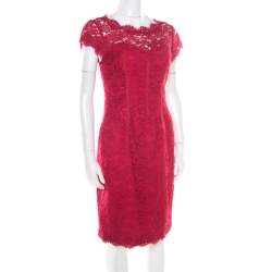ML by Monique Lhuillier Pink Floral Lace Scalloped Trim Cut Out Back Detail Dress M