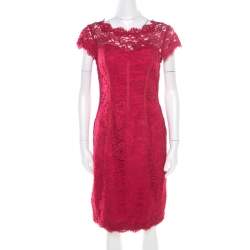 ML by Monique Lhuillier Pink Floral Lace Scalloped Trim Cut Out Back Detail Dress M