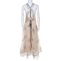 Monique Lhuillier Beige Tulle Sequin Embellished Evening Dress M 