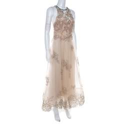 Monique Lhuillier Beige Tulle Sequin Embellished Evening Dress M 