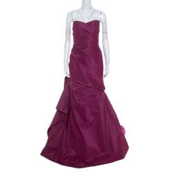 Monique Lhuillier Garnet Purple Silk Tufted Skirt Strapless Gown XL 