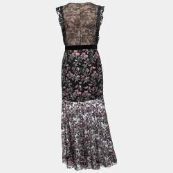 ML By Monique Lhuillier Black Floral Lace Sleeveless Gown L