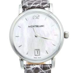 Pre Owned Montblanc Mother Of Pearl Stainless Steel Leather Star Classique 108766 Women's Wristwatch 34 mm
