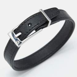 Pre Owned Montblanc Black Leather Silver Tone Bracelet