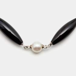 Pre Owned Montblanc Mother Of Pearl Onyx Sterling Silver Station Bracelet