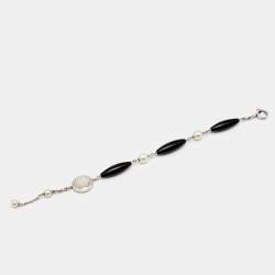 Pre Owned Montblanc Mother Of Pearl Onyx Sterling Silver Station Bracelet