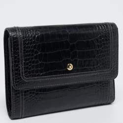 Pre Owned Montblanc Black Croc Embossed Leather Trifold Wallet