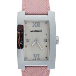 Pre Owned Montblanc Opaline White Stainless Steel Leather Profile 7077 Women's Wristwatch 23 mm